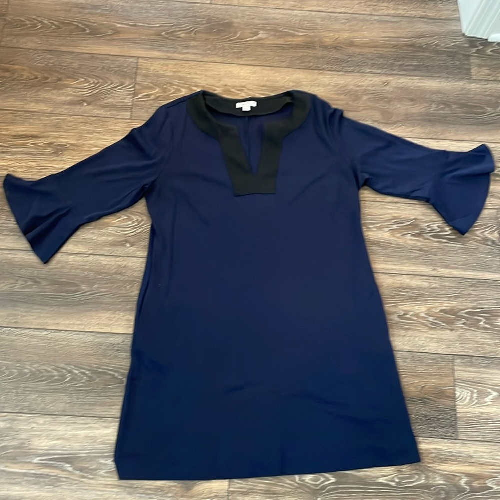 New York & Company Blue V-Neck Dress with 3/4 Sleeve Ruffle Sleeves XL